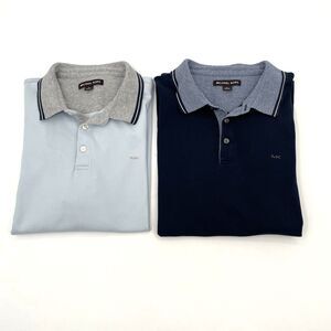 2 Michael Kors Mens Polo Shirts L Blue MK Logo Solid Contrast Collars Cotton SS